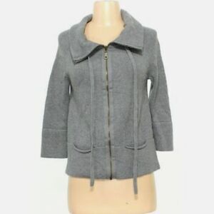 VTG 90s Once Again Gray Cotton Hi Neck Silver Exposed Zipper Cardigan Sweater S